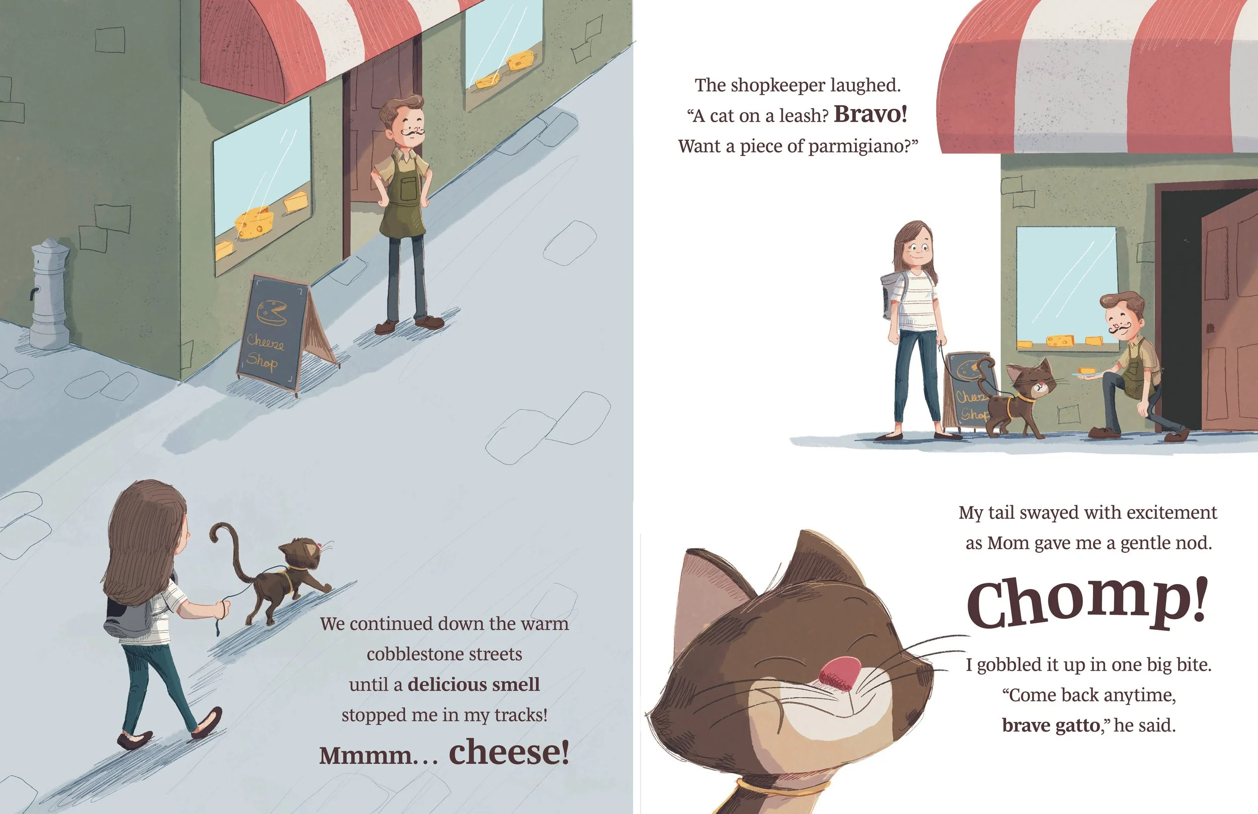 A girl and a boy walking on cobblestone streets, with the girl holding a leash attached to a small dog. The scene is outside a cheese shop with a sign, and the boy is sitting on the ground offering a piece of cheese to the dog.