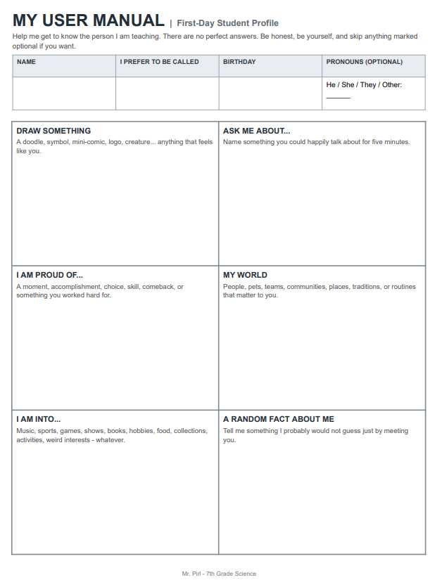 My User Manual first-day student profile with prompts about interests, accomplishments, identity, and personal experiences.