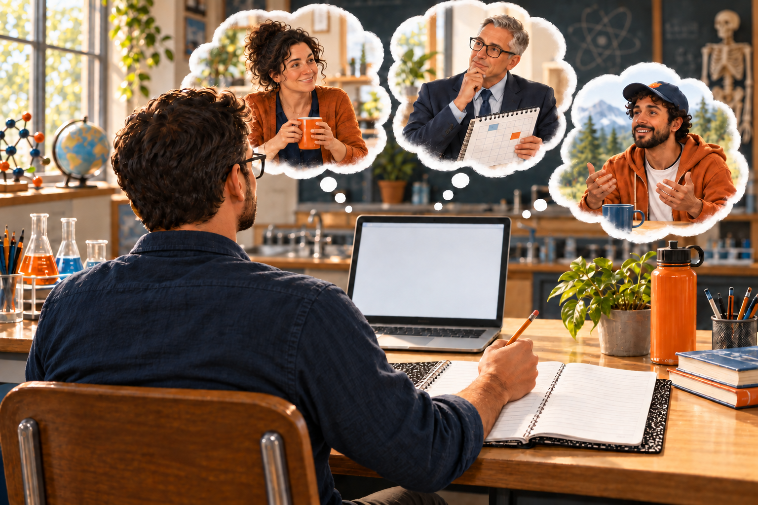Teacher at a classroom desk with three thought bubbles showing a supportive colleague, an administrator holding a calendar, and a casually dressed friend.