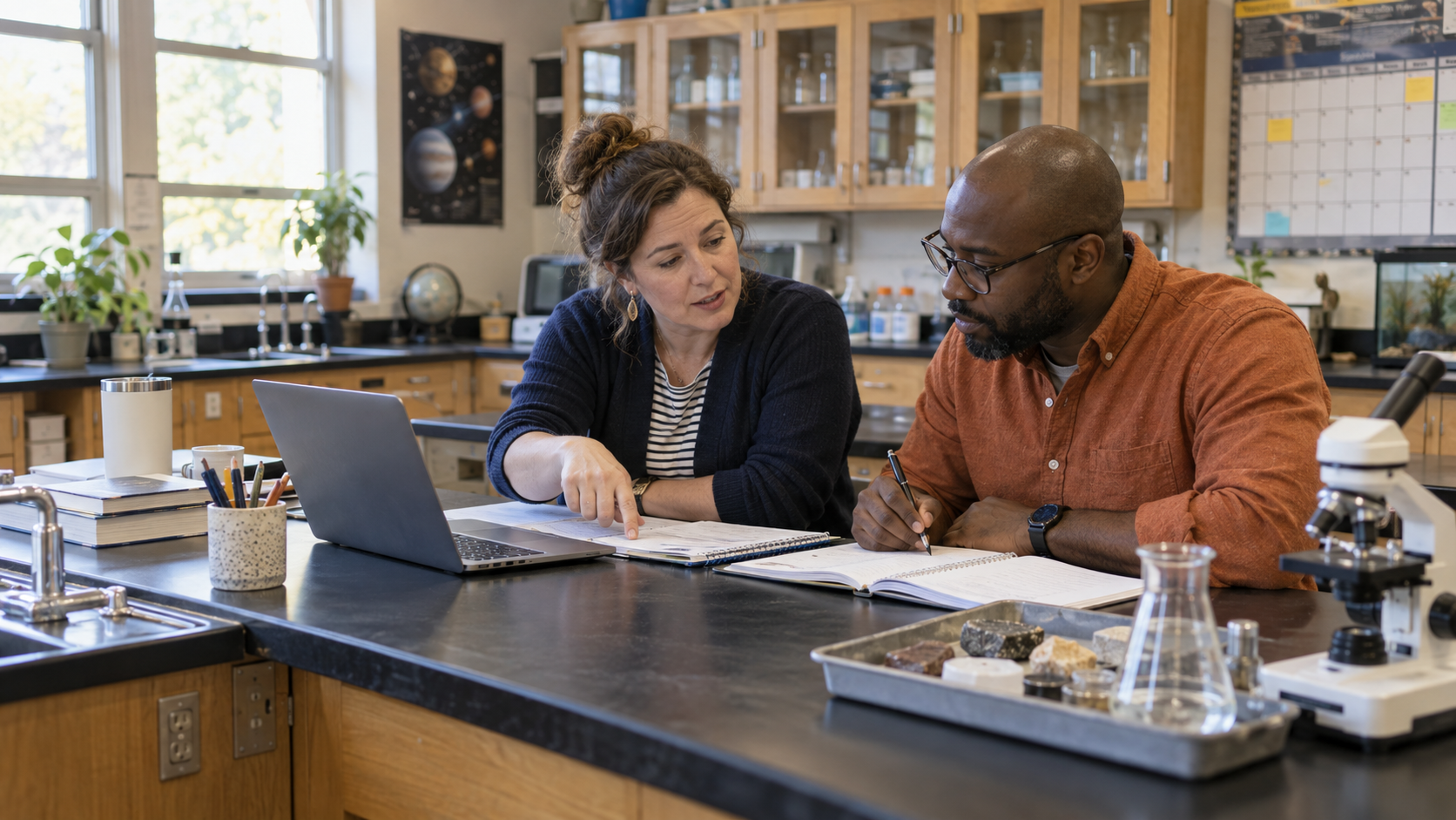 Two middle-school science teachers collaborate on lesson plans and laboratory materials in a science classroom.