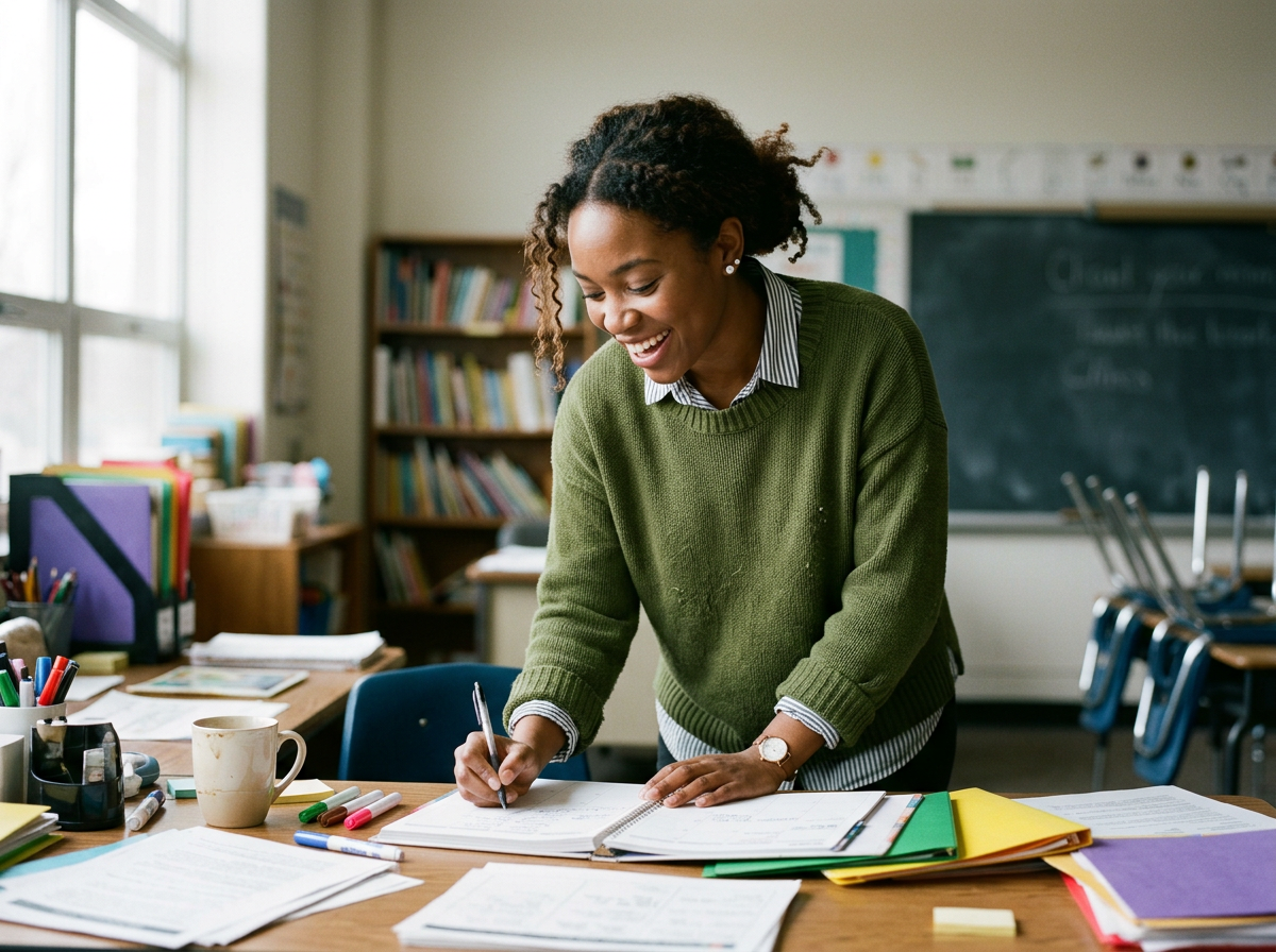 A teacher smiling while revising instructional materials at a classroom desk.