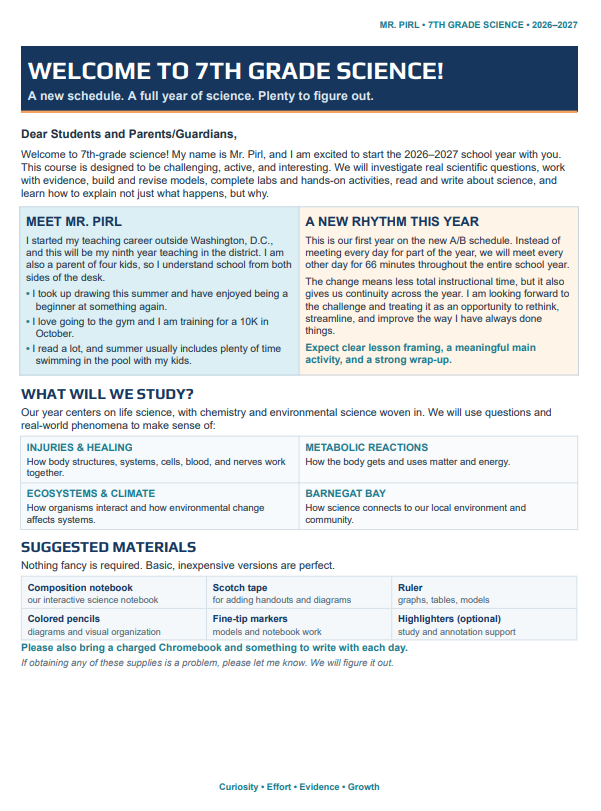 A welcome letter introducing seventh-grade science, the new school schedule, course topics, and suggested materials.