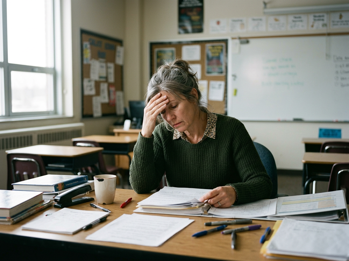 A frustrated veteran teacher sitting alone in a classroom while reviewing paperwork.