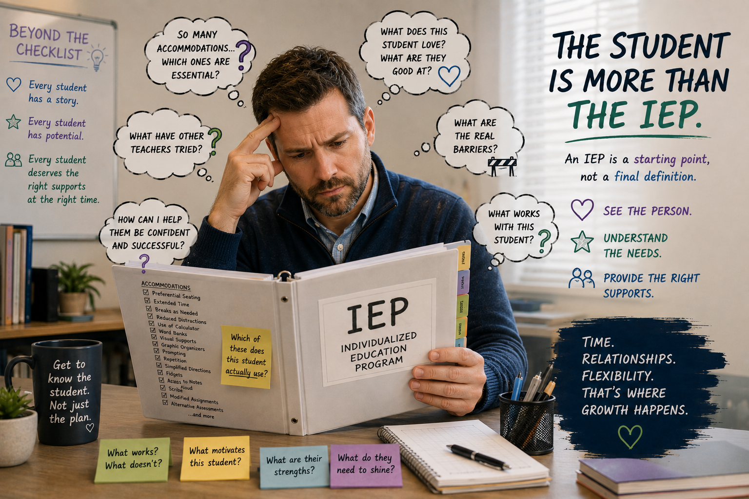 Teacher reviewing complex IEP information and considering how to translate documented accommodations into meaningful classroom support.