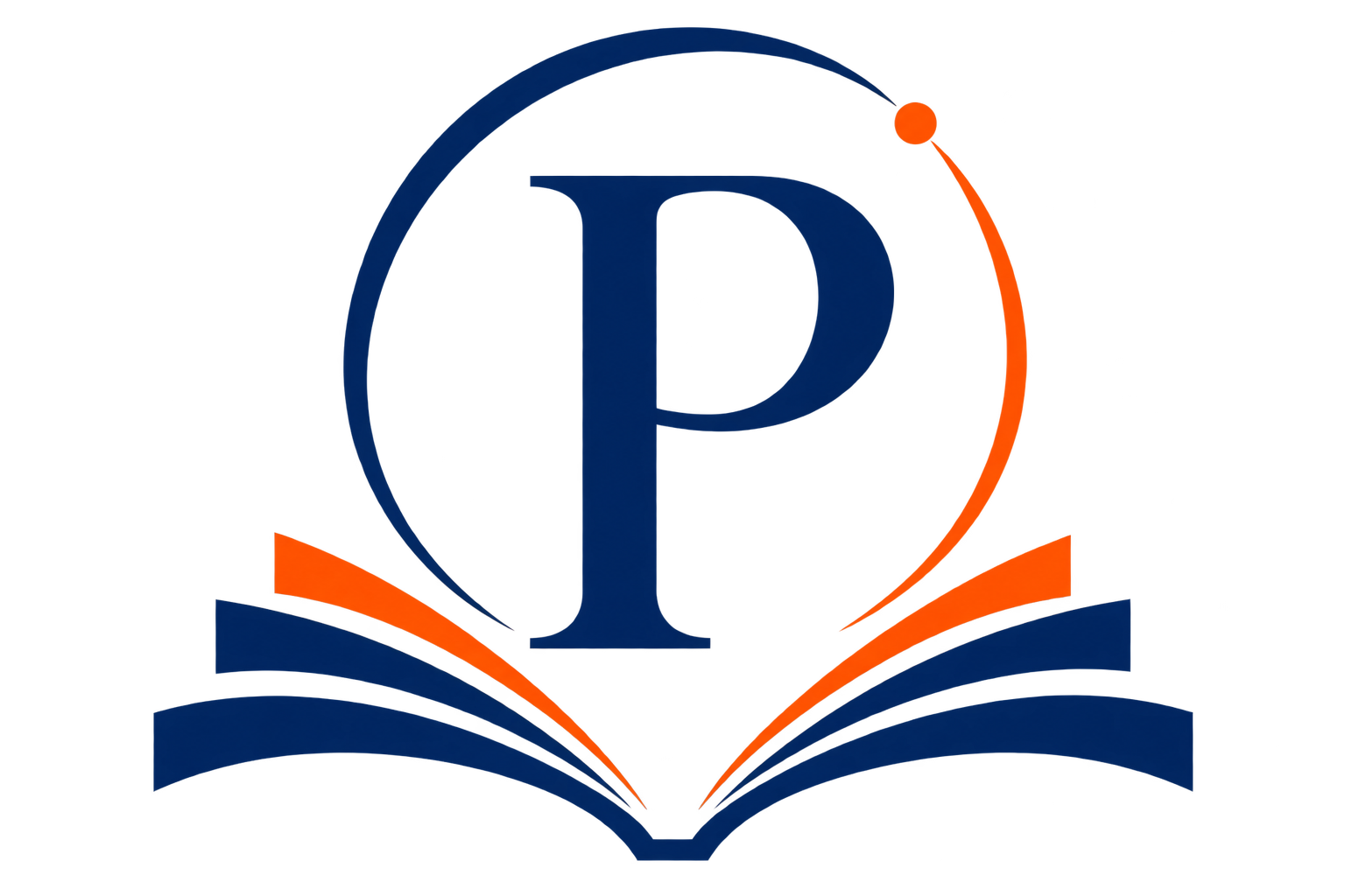 Close-up of a social media logo in dark blue and orange colors. The letter P over a book with a circle around it. The Pirl Experimental Logo.