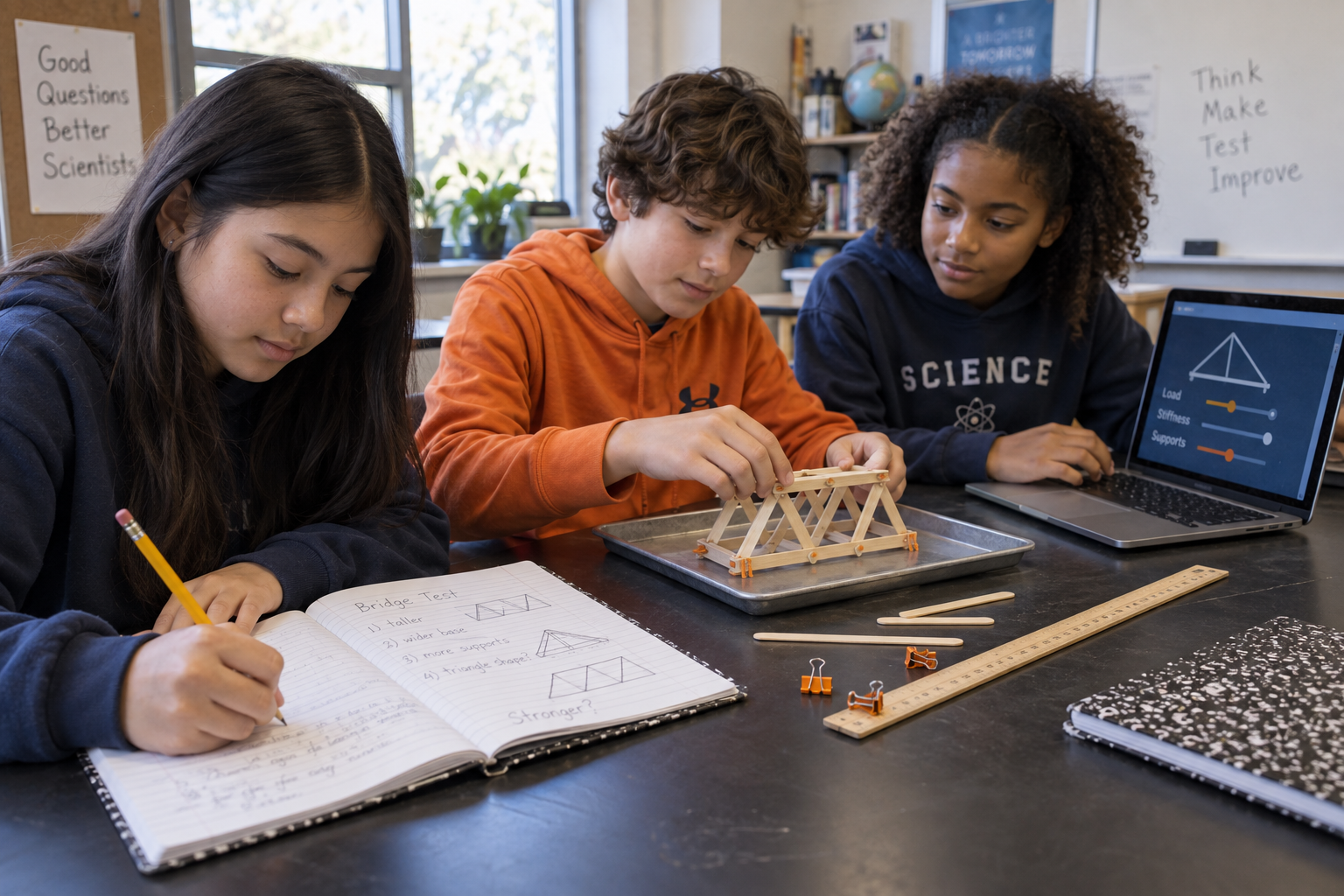 AI-generated classroom scene showing students building a craft-stick model, handwriting observations, and using a laptop simulation.