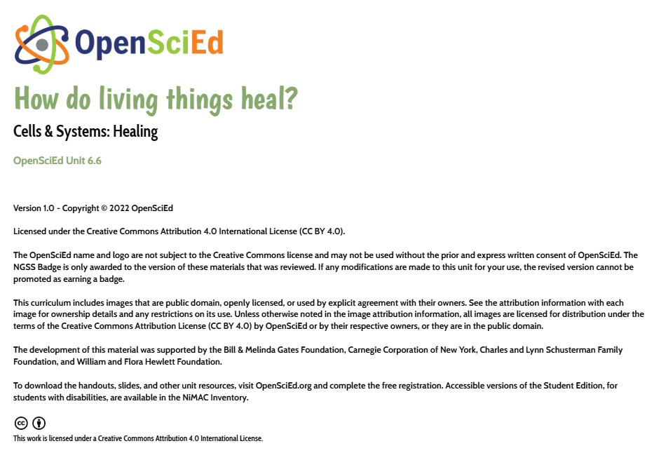 OpenSciEd Unit 6.6 title and licensing page for How do living things heal?