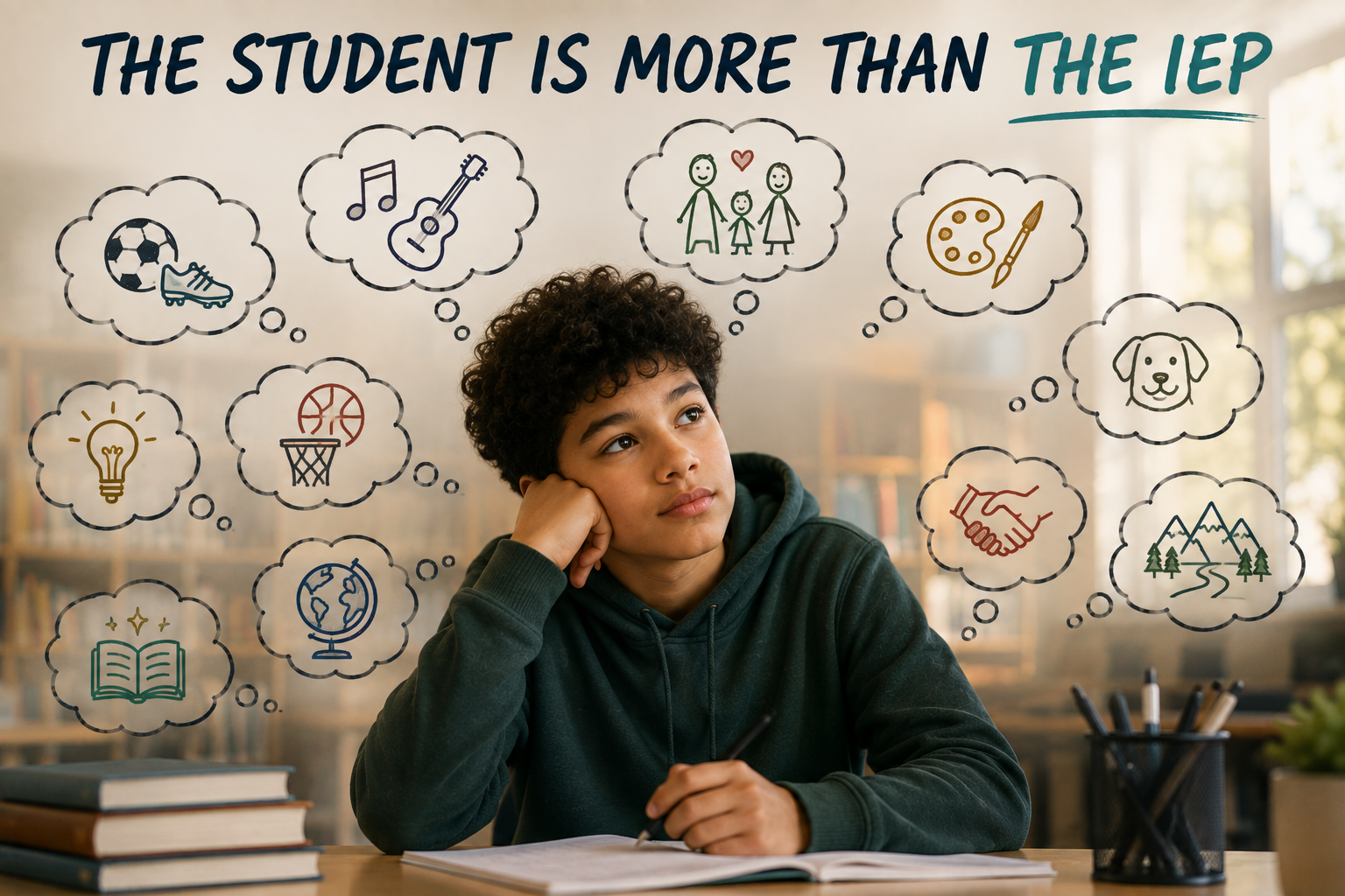 Student surrounded by symbols representing interests, relationships, strengths, and experiences beyond the information contained in an IEP.