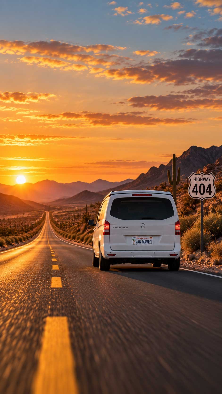 VANWAVE 404. Ein Marco Polo auf einer einsamen Straße bei Sonnenuntergang, Berge im Hintergrund, Kakteen am Straßenrand, Straßenschild Highway 404.