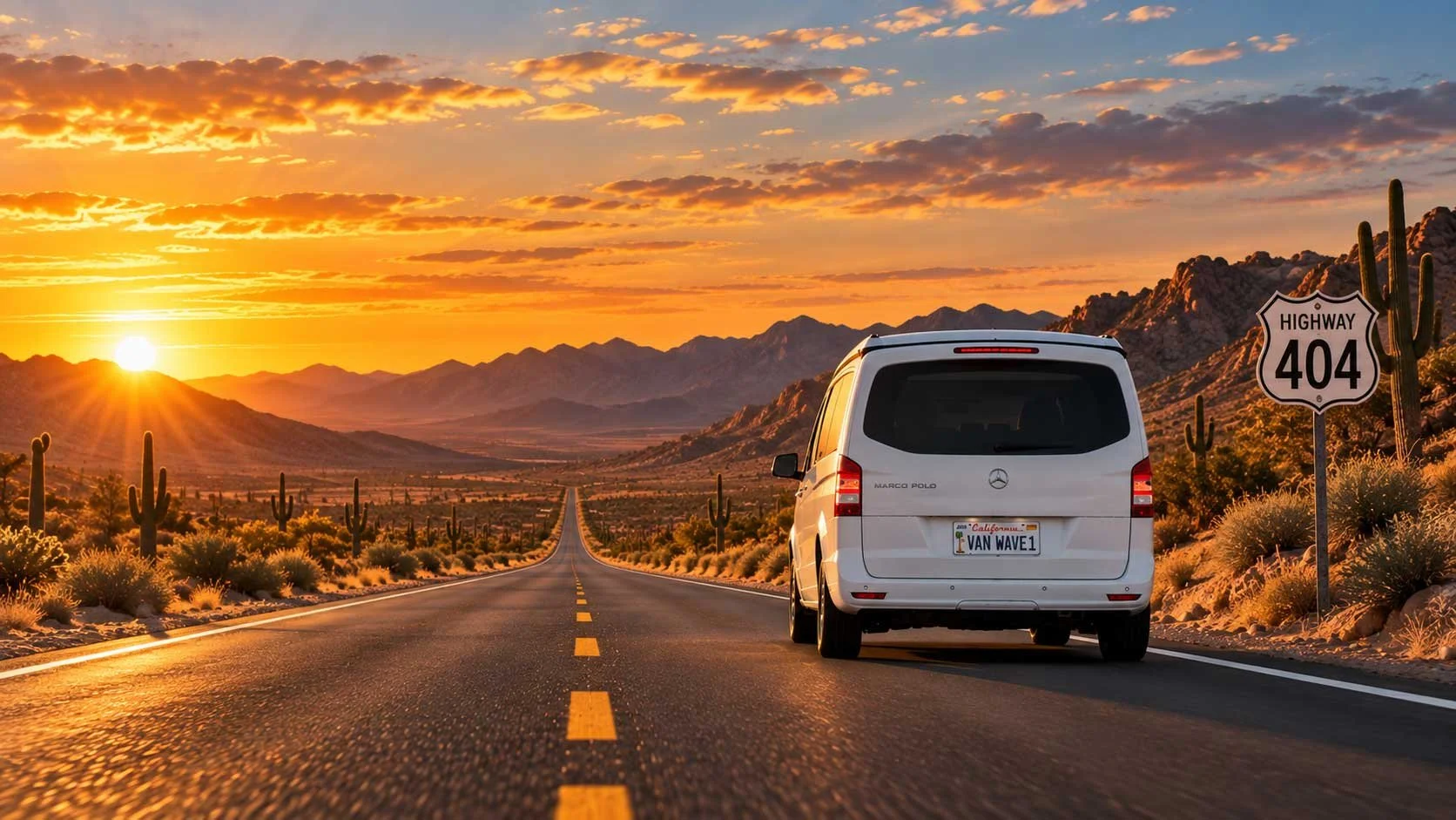 Ein weißer Van fährt auf einer geraden Straße durch eine Wüste bei Sonnenuntergang. Die Landschaft ist mit Kakteen und Bergen im Hintergrund. Essteht ein Straßenschild mit der Aufschrift 'Highway 404'.