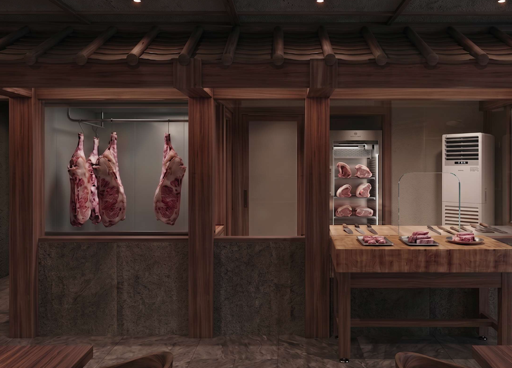 Display of hanging and sliced raw beef meats in a refrigerated meat shop with wood accents and a glass barrier.