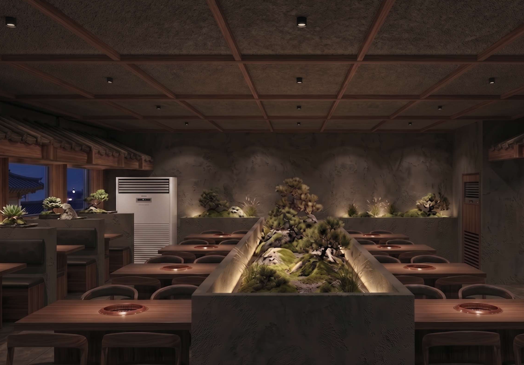 A cozy dining room with dark wooden tables and chairs, a central indoor garden with bonsai trees, rocks, and moss, illuminated by warm lighting, with windows showing a traditional Asian architecture outside.