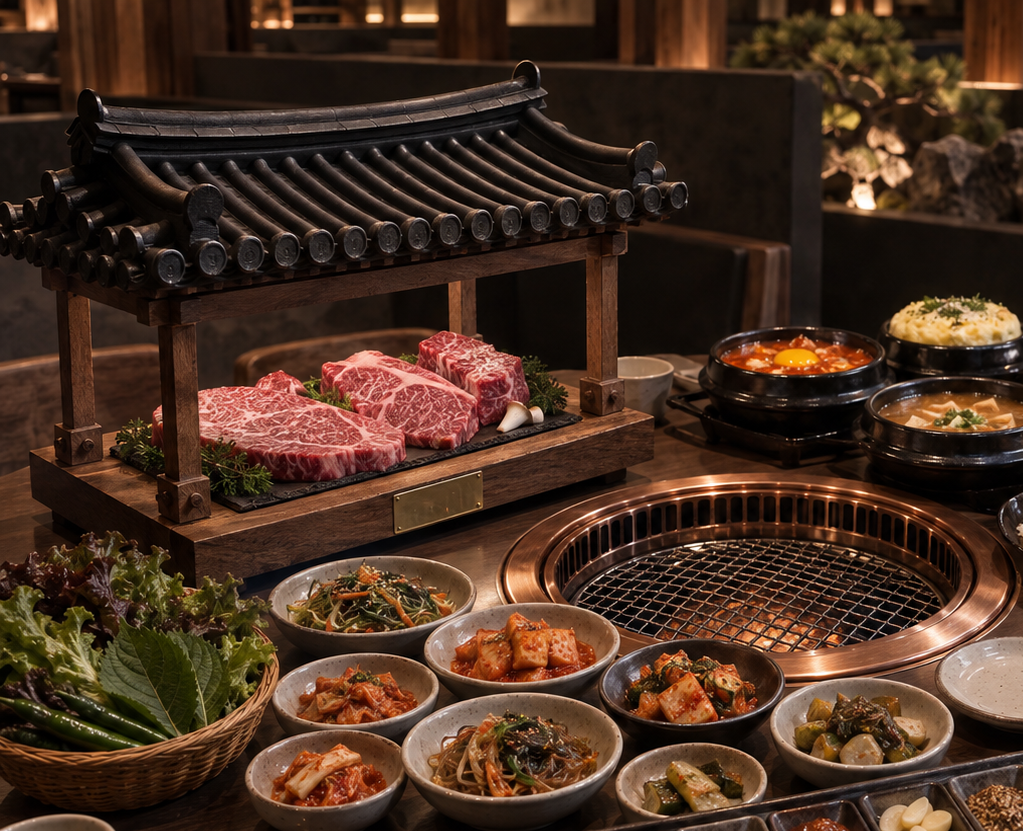 Korean barbecue table set with raw marbled beef on a traditional grill, surrounded by bowls of kimchi, vegetables, and side dishes in a restaurant setting.