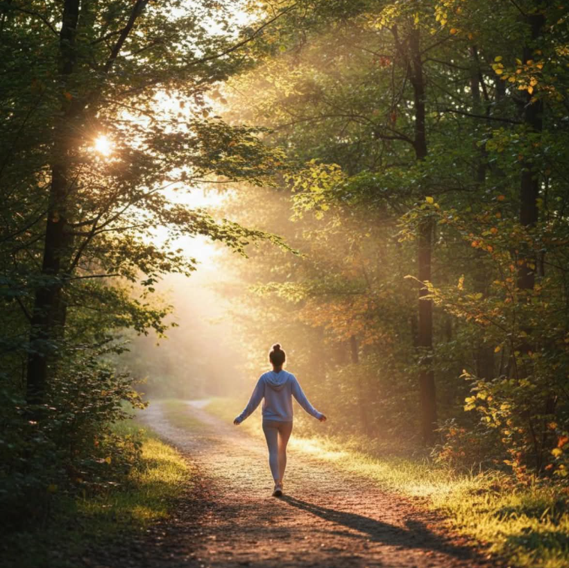 A woman walking along a forest trail during sunrise, surrounded by trees with sunlight filtering through the leaves.