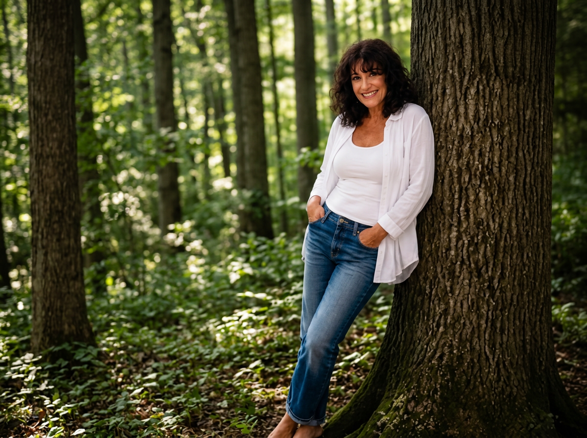 Woman leaning against a tree in a forest, smiling, wearing a white shirt and blue jeans.