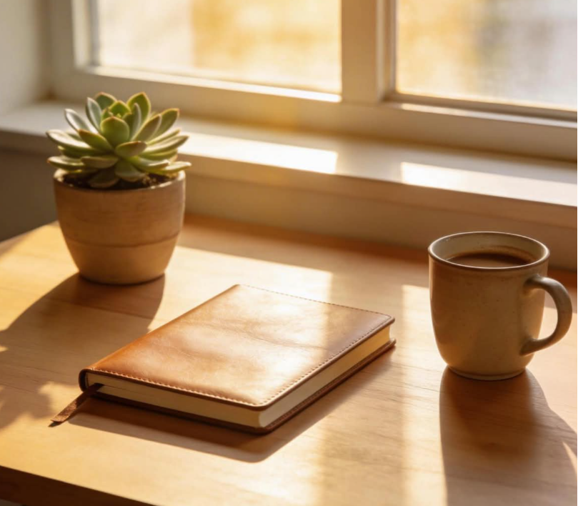 A notebook, a cup of coffee, and a potted succulent plant on a wooden table near a window with sunlight streaming in.