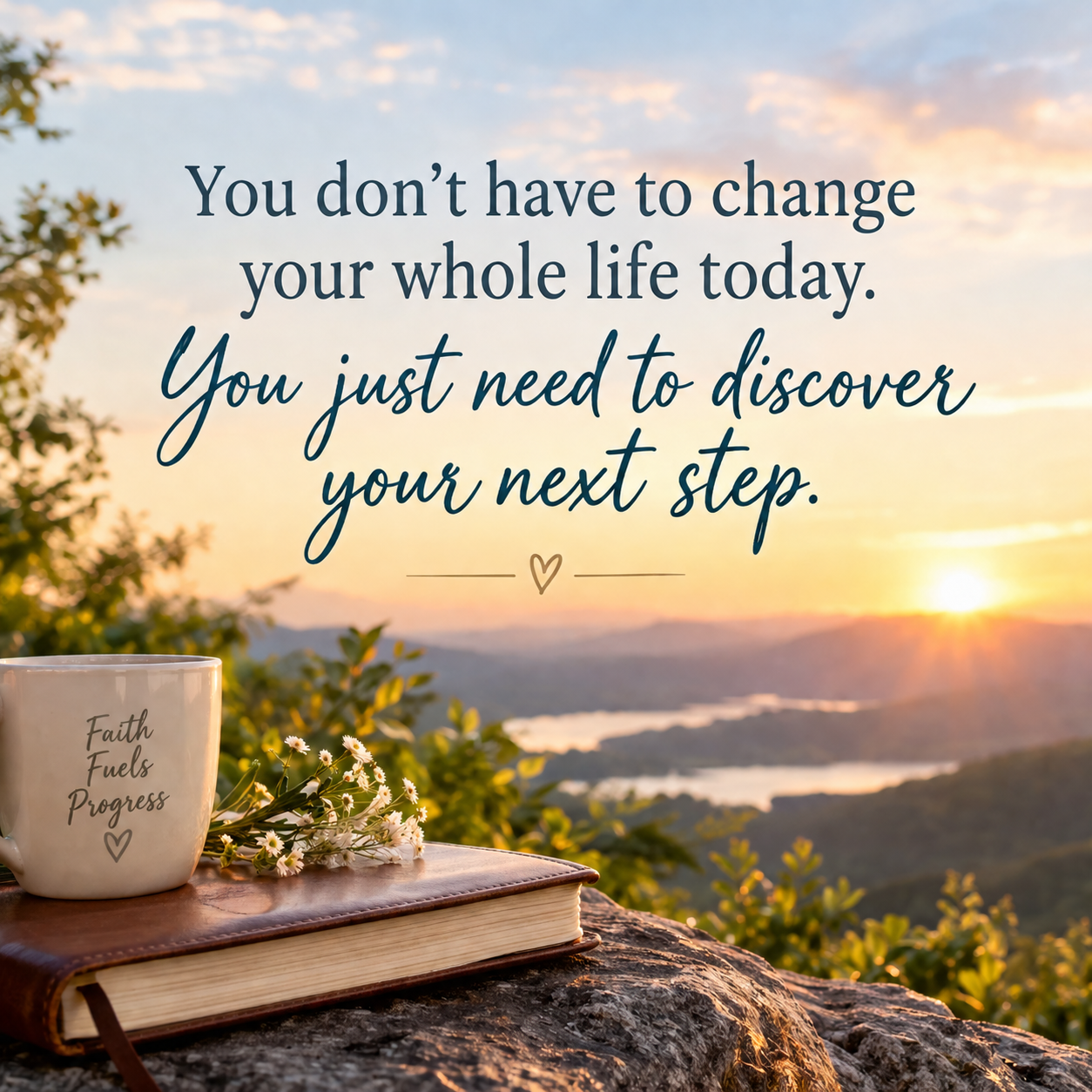 Inspirational quote over a scenic outdoor landscape with a sunrise, view of mountains, water, and greenery. A cup with the words "Faith Fuels Progress" and a small bunch of flowers rest on a notebook in the foreground.