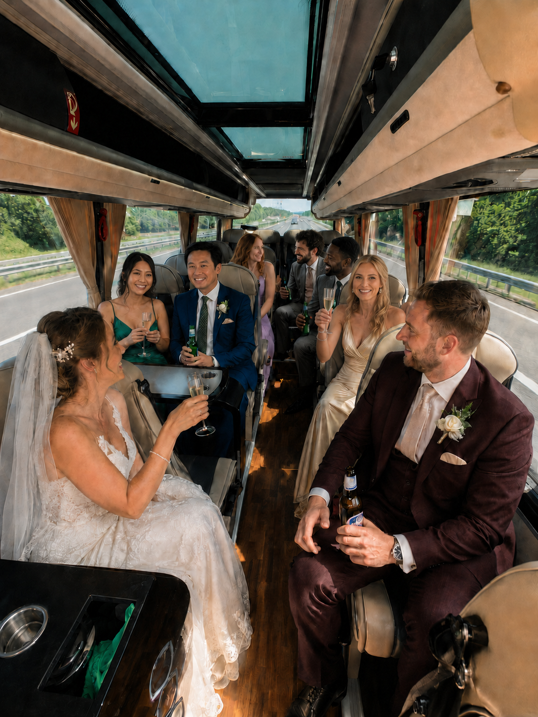 People celebrating on a bus, with some dressed in wedding attire, holding drinks and smiling.