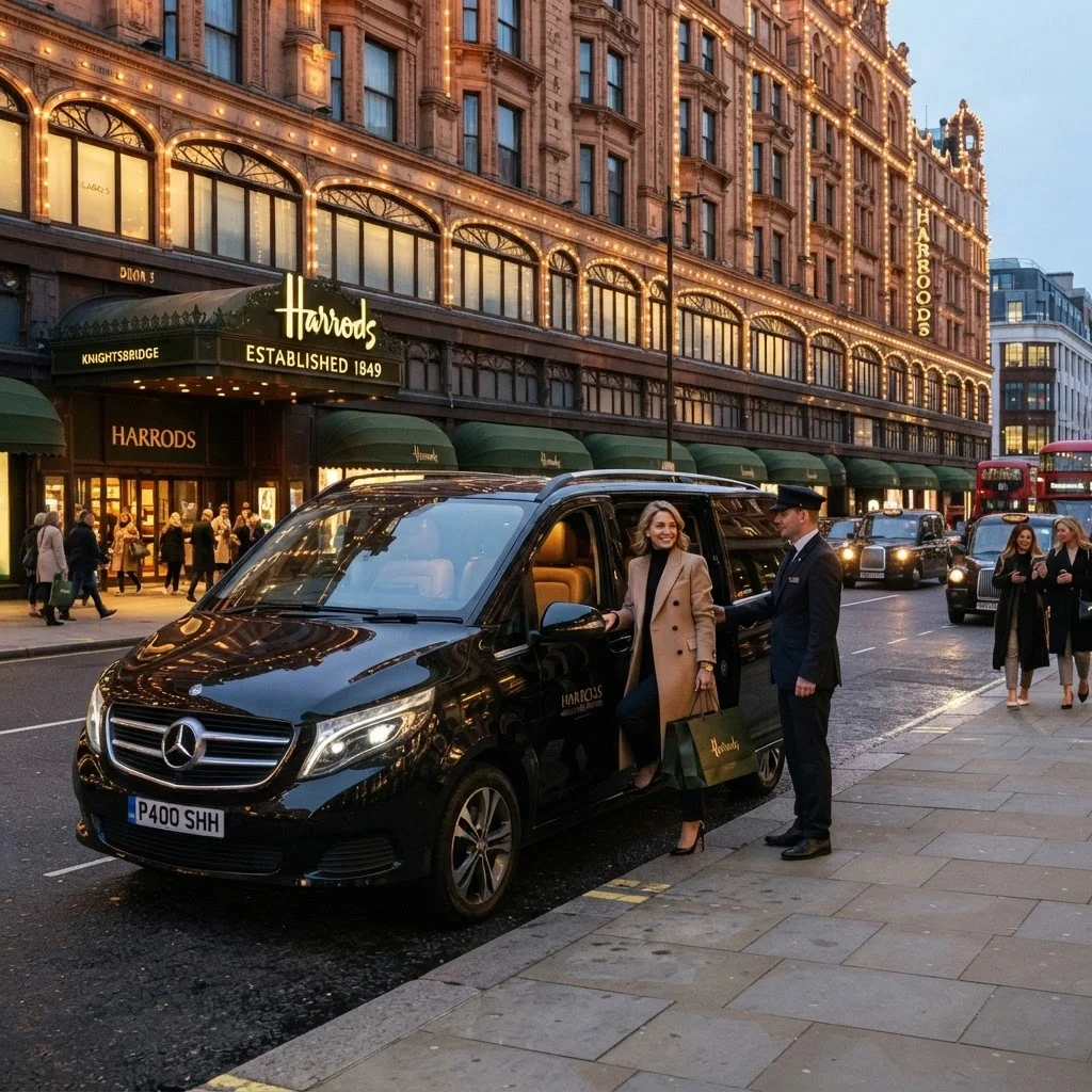 A woman is stepping into a black Mercedes Vito taxi cab parked on a city street. She is holding a Harrods shopping bag and smiling at a man in a uniform who is assisting her. The background features the Harrods department store with illuminated signs and a lit-up facade, and other pedestrians are walking by on the sidewalk, with some traffic and red buses in view.