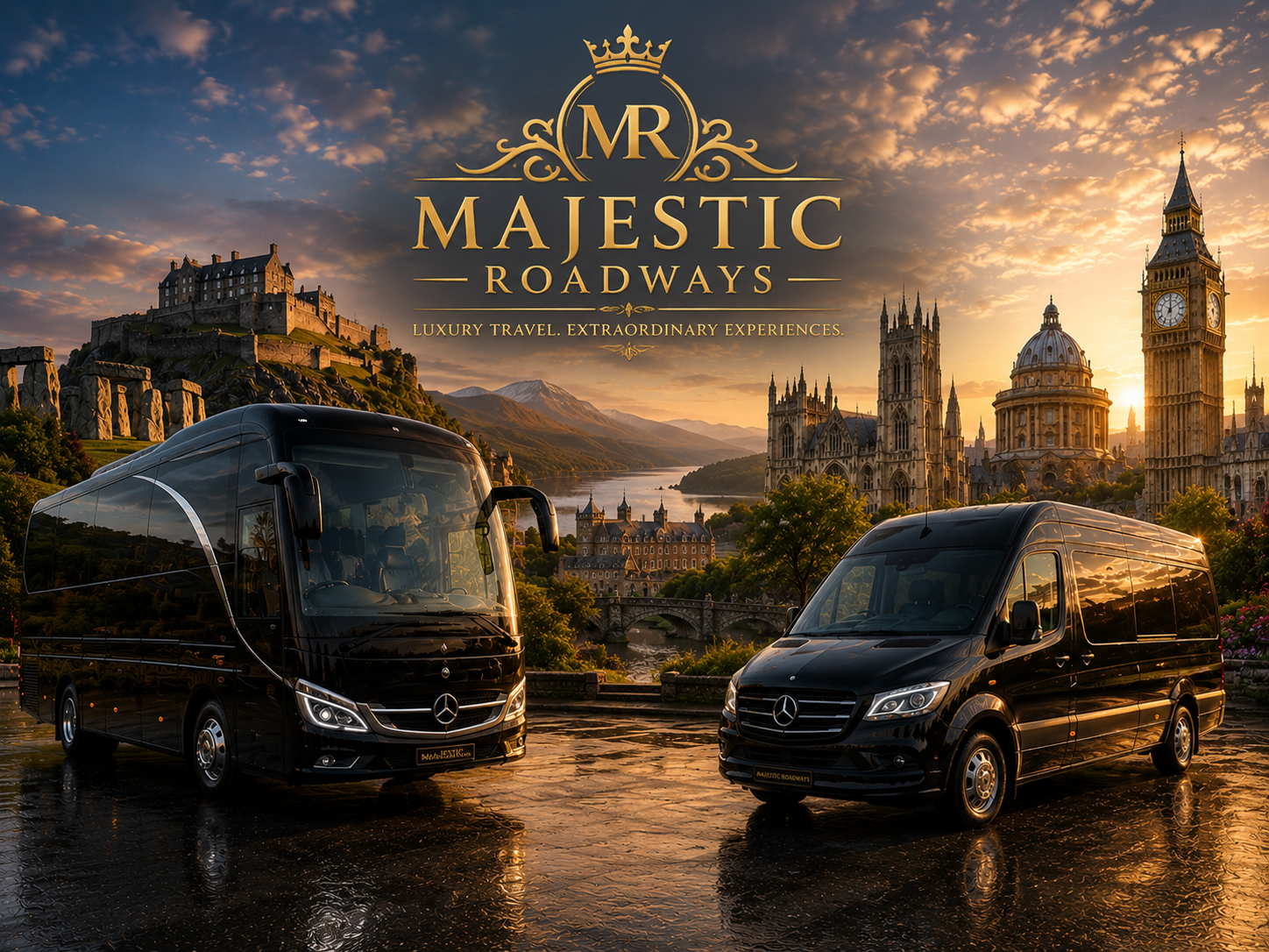 Two black Mercedes-Benz vans parked on a wet road in front of a scenic landscape with historic buildings, a river, mountains, and an orange sunset sky, promoting luxury travel with Majestic Roadways.