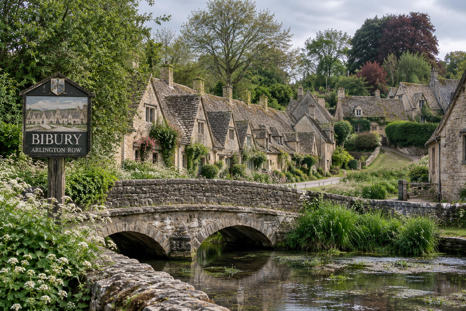 Scenic view of a quaint village with stone houses, a small arched stone bridge over a water stream, lush greenery, and a sign that reads 'Bibury Arlington Row.'