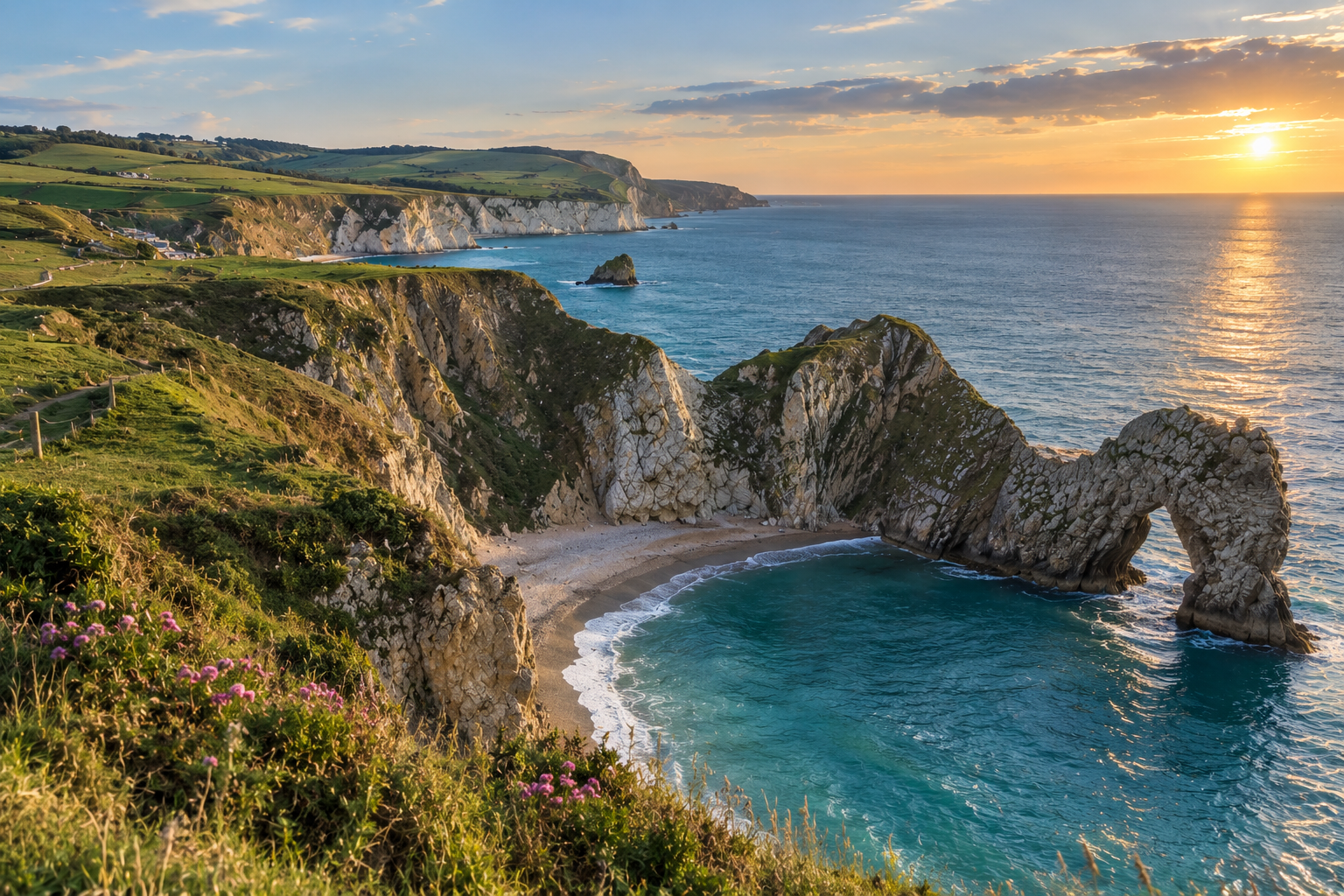 Scenic coastal landscape featuring a natural arch formation, sandy beach, cliffs, green fields, and an ocean at sunset.