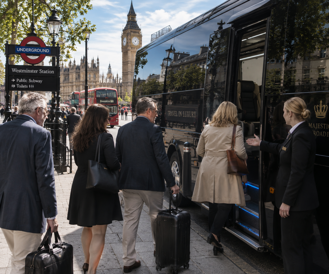 People waiting to board a black luxury bus near Westminster Station in London, with Big Ben and houses of Parliament in the background.