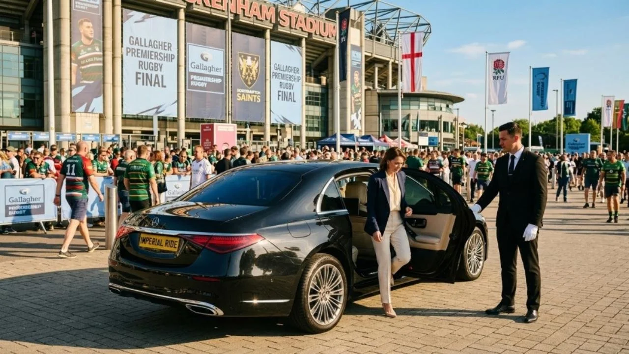 Woman in business attire exiting a black luxury car with chauffeur at Gallagher Premiership Rugby Final event outside a stadium with crowds and flags.