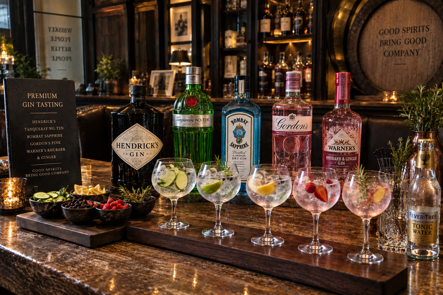 A bar with various bottles of gin, garnished gin cocktails with fruit slices, a menu featuring premium gin tasting options, bowls of fruit and herbs, and small plants for decoration.