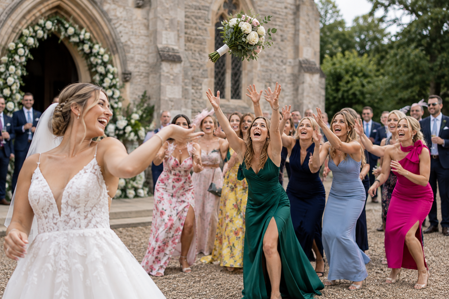 A bride in a white wedding gown throws her bouquet to a group of joyful women at a wedding outside a stone church, with guests smiling in the background.