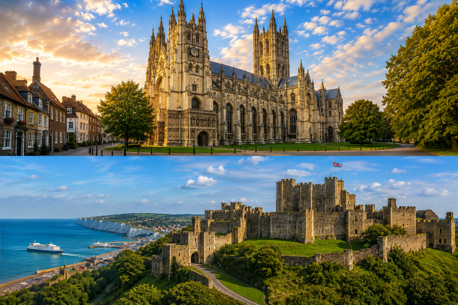 Views of a Gothic cathedral and a historic castle overlooking the coast, with a cruise ship and a smaller boat in the sea, under a partly cloudy sky.