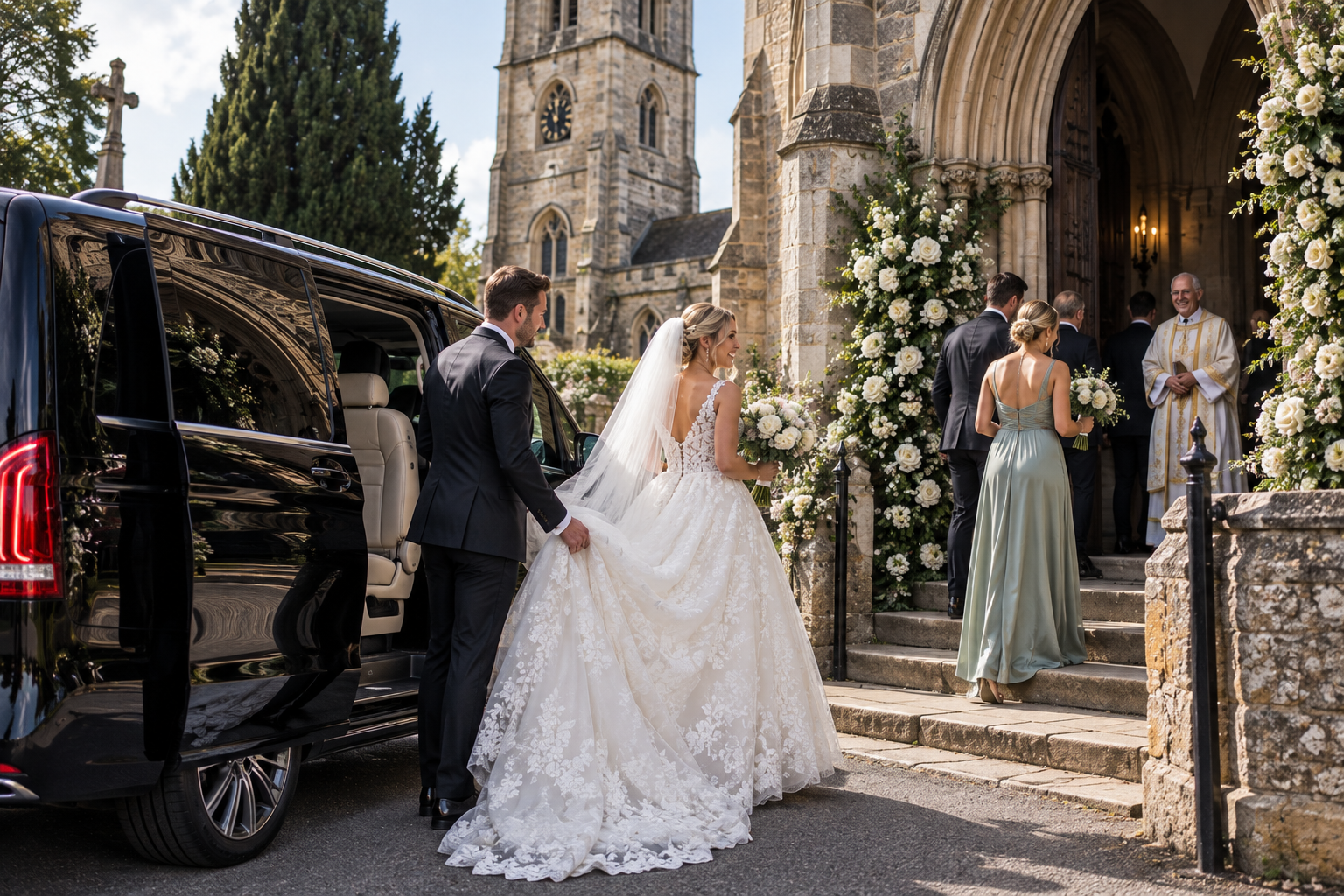 Bride and groom arriving at a church for their wedding, with the bride in a white lace gown and veil, and the groom in a black suit. Wedding guests are present near the entrance, which is decorated with white flowers and greenery.