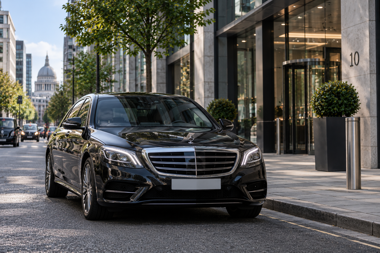 A black Mercedes-Benz sedan parked on a city street next to a modern building with glass windows, potted plants, and trees, with St. Paul's Cathedral visible in the background.