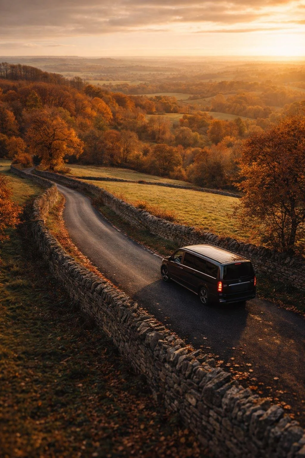 A black van driving along a narrow, winding country road bordered by stone walls, with autumn trees and rolling hills in the background during sunset.