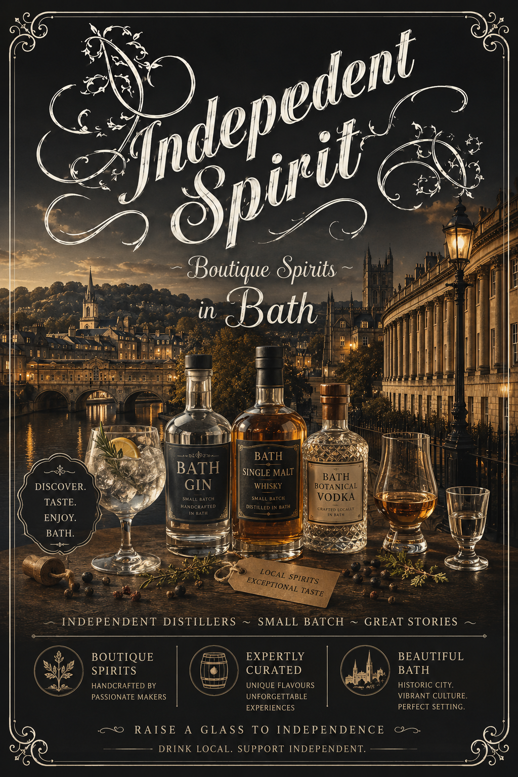 Poster for Independent Spirit, Boutique Spirits in Bath. Features bottles of bath gin, whisky, and vodka, with glasses of cocktails, and picturesque Bath cityscape in the background.