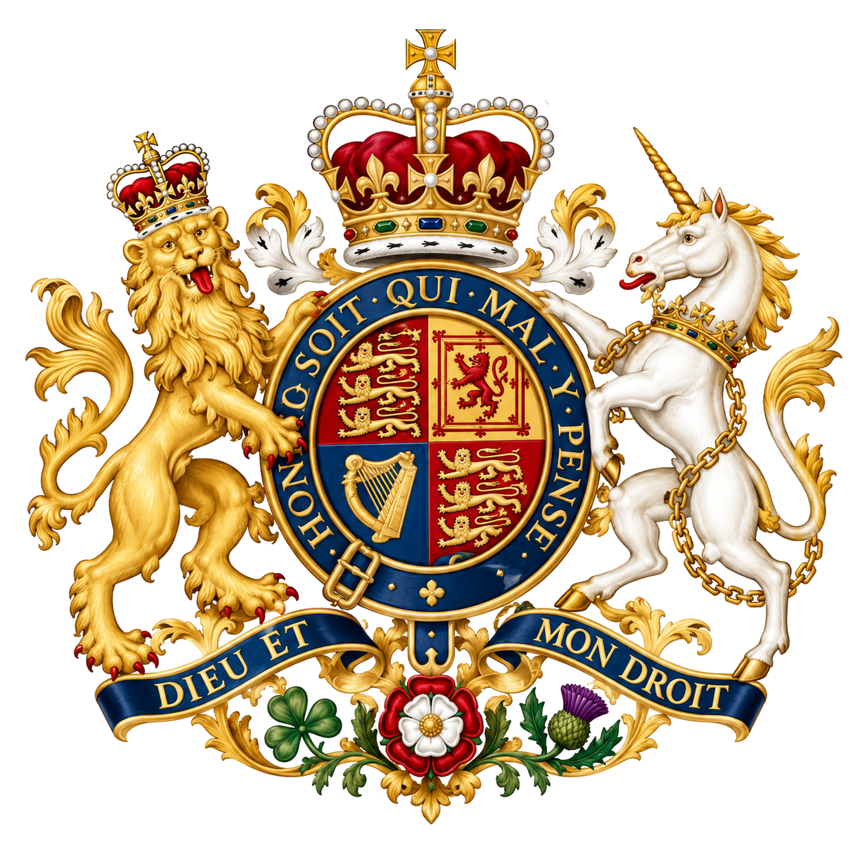 The royal coat of arms of the United Kingdom, featuring a crowned lion on the left and a unicorn on the right, holding a shield with four quadrants containing lions and a harp, surrounded by a blue circle with gold text and a crown on top.