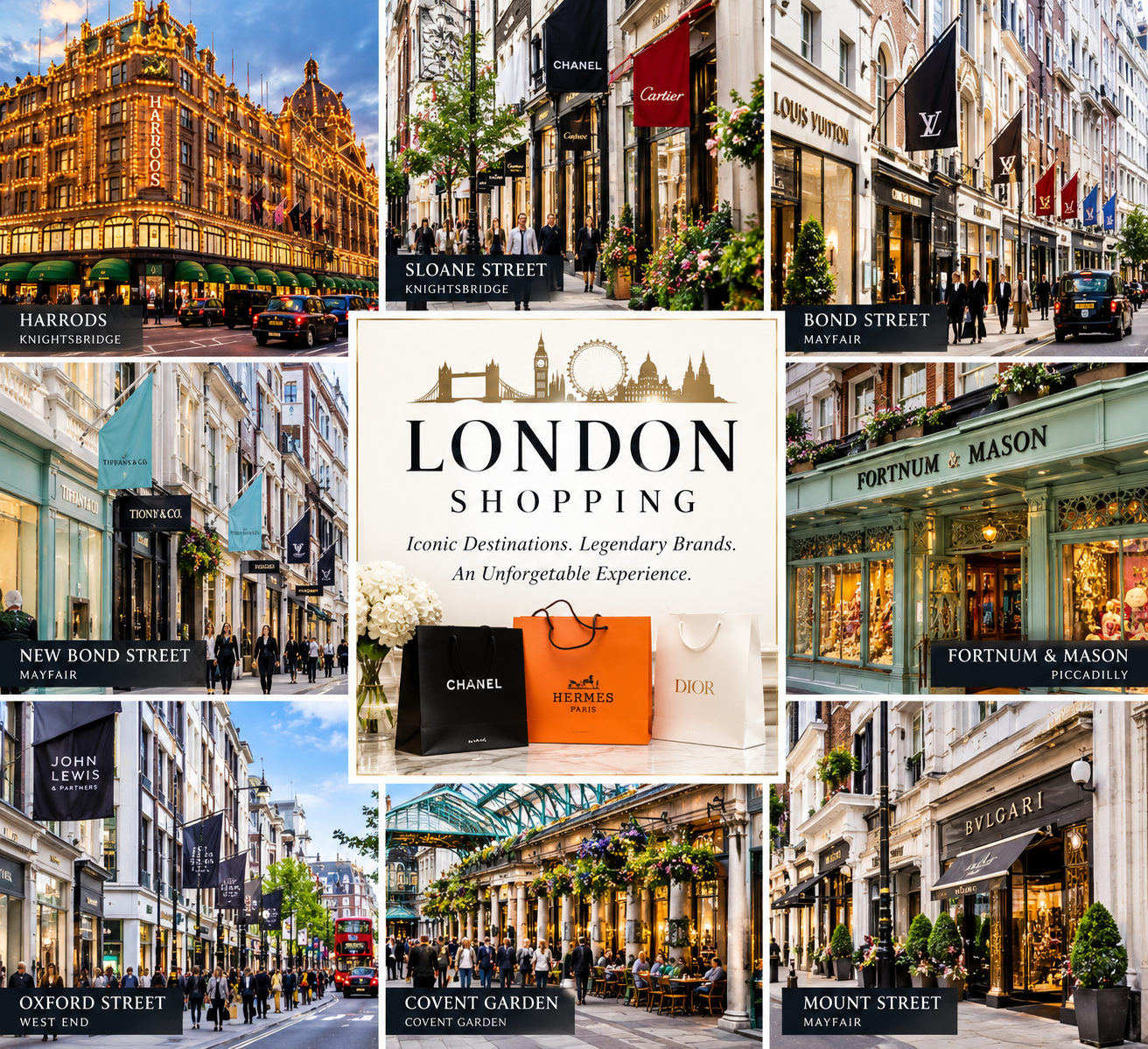 Collage of high-end shopping streets in London, including Harrods, Sloane Street, Bond Street, New Bond Street, Oxford Street, Covent Garden, and Mount Street, featuring luxury stores and branded shopping bags.