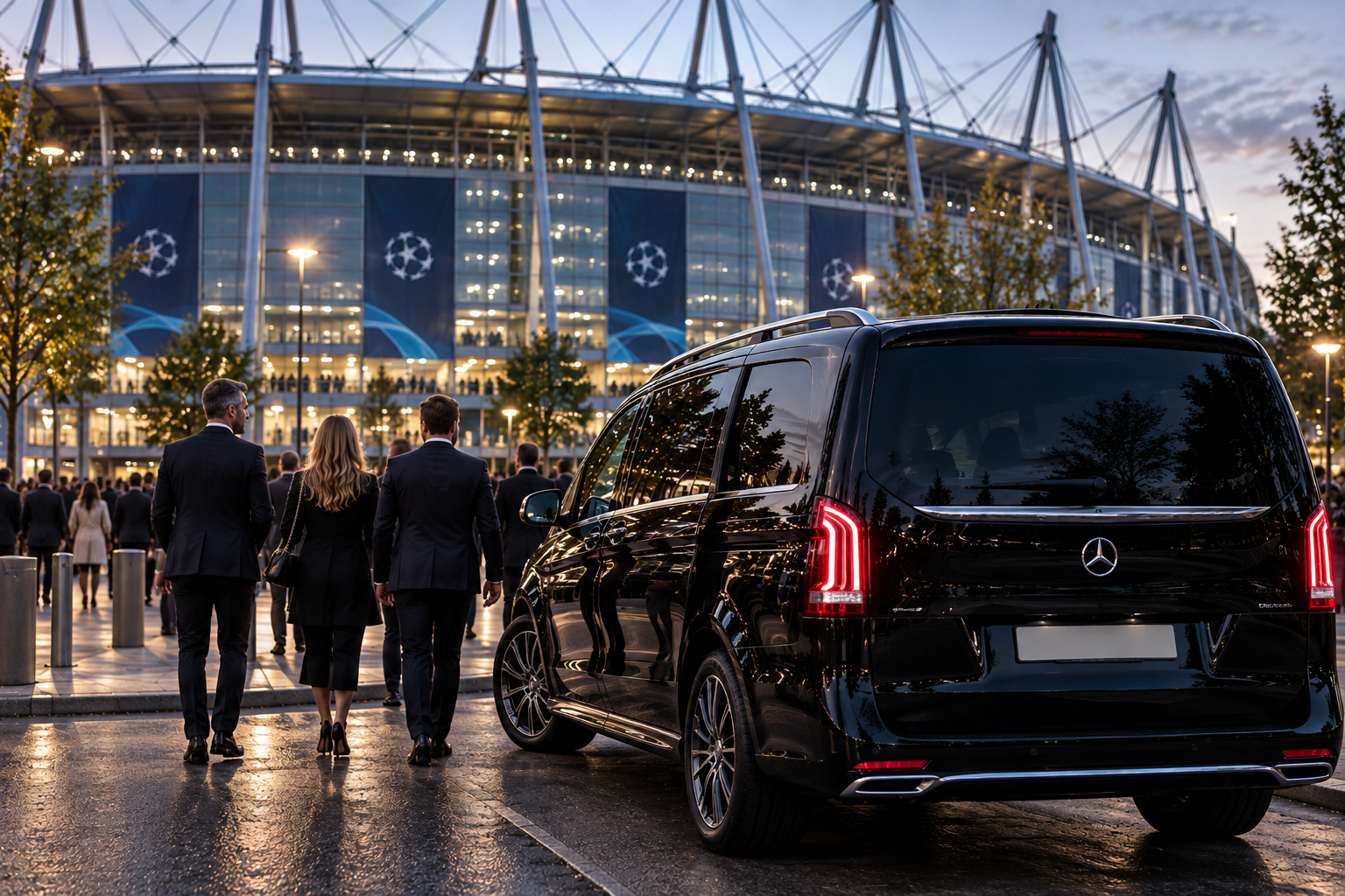 A group of people in formal attire walking toward a large stadium decorated with UEFA Champions League banners, with a black Mercedes-Benz van parked in the foreground during dusk.