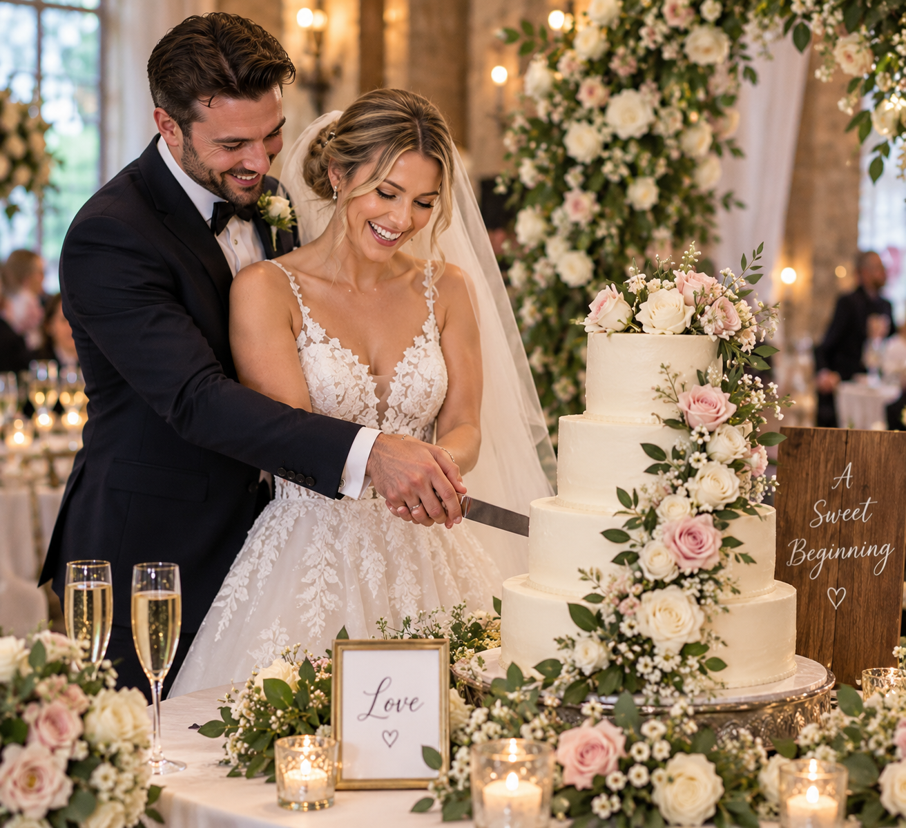 A bride and groom cut a wedding cake together at their wedding reception, decorated with pink and white flowers, surrounded by candles and floral arrangements.