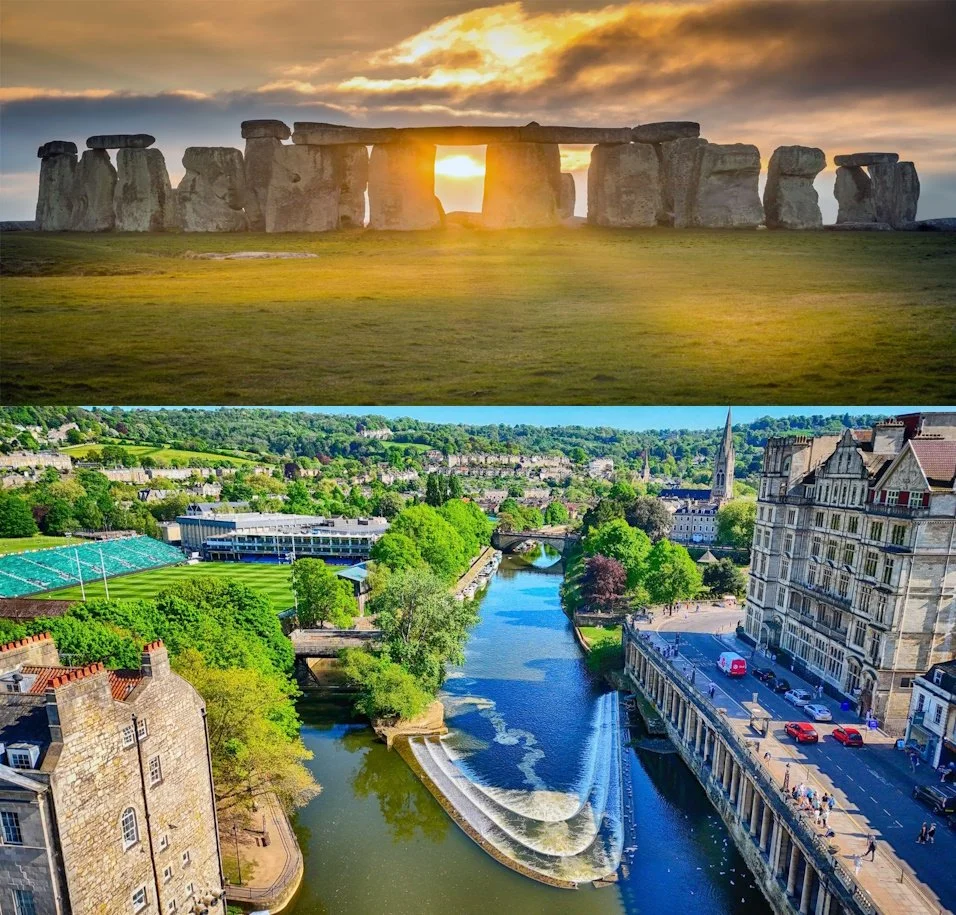 A composite of two images: the top image features Stonehenge at sunset with large upright stones arranged in a circle, sunlight shining through the gap, and a partly cloudy sky. The bottom image shows a river flowing through a cityscape with historic buildings, a bridge crossing the river, lush green trees, and a sports field in the background.