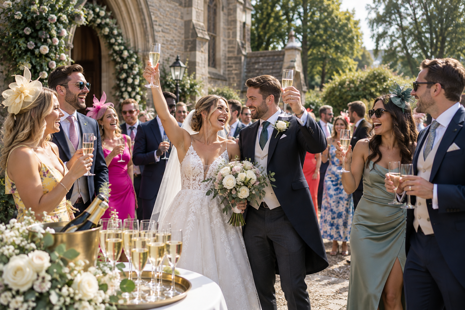 Bride and groom celebrating with guests outside a wedding venue, raising glasses of champagne for a toast, with floral decorations and guests in colorful attire