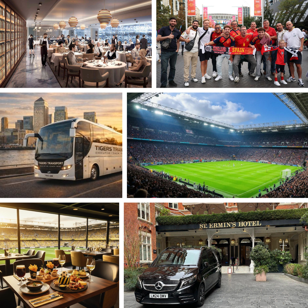 A collage of six images: the first shows a fine dining restaurant interior with guests dining and waitstaff serving, the second features a group of soccer fans with Spain scarves at a city event, the third displays a modern bus labeled 'Tigers Transit' on a city road, the fourth captures a packed soccer stadium with players on the field, the fifth shows an upscale restaurant with a view of a football stadium, and the sixth depicts the exterior of a hotel named St. Ermin's with a luxury black Mercedes-Benz car parked outside.