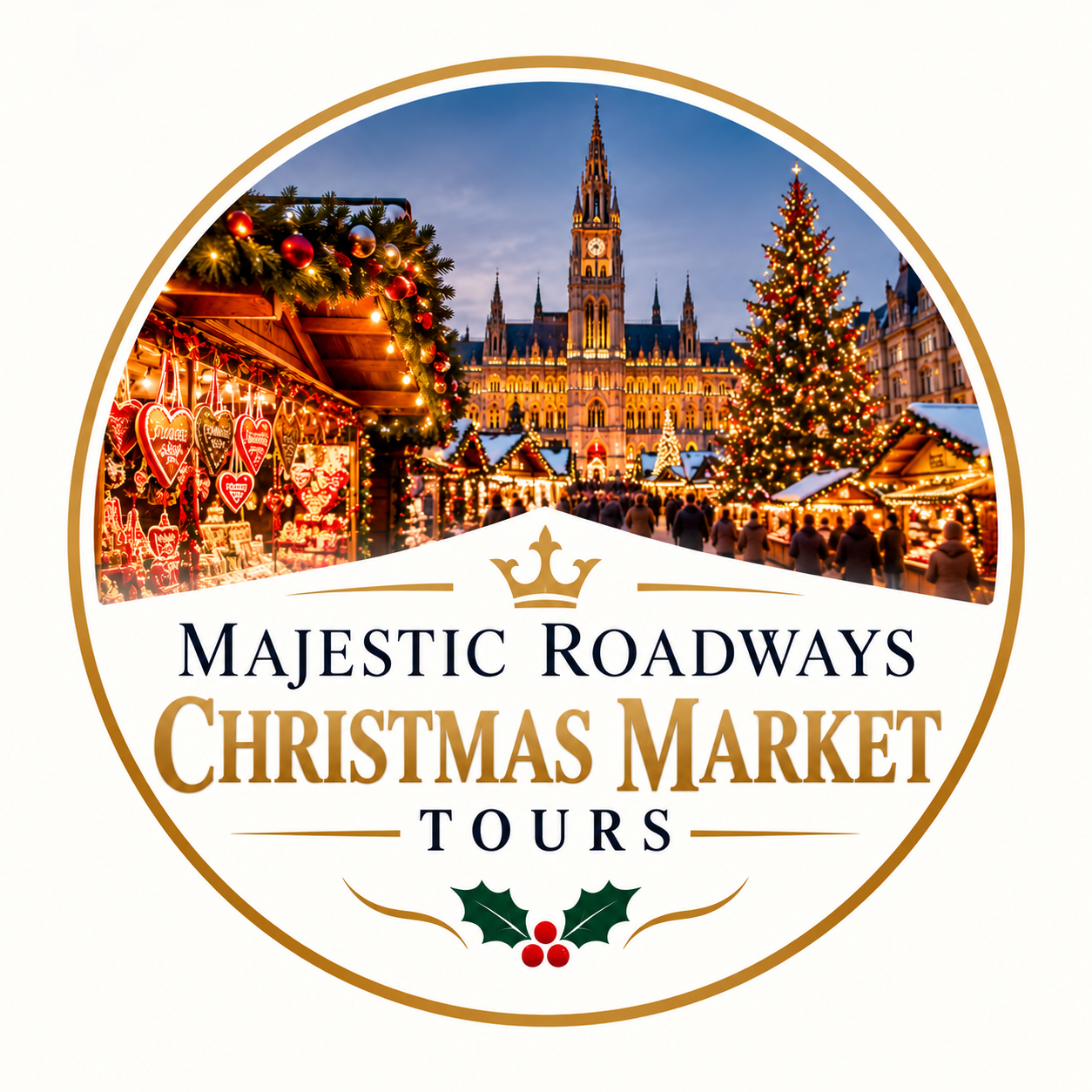 A circular logo for Majestic Roadways Christmas Market Tours featuring a festive market scene at sunset, with decorated stalls, Christmas trees, and a historic building in the background, adorned with holiday lights.