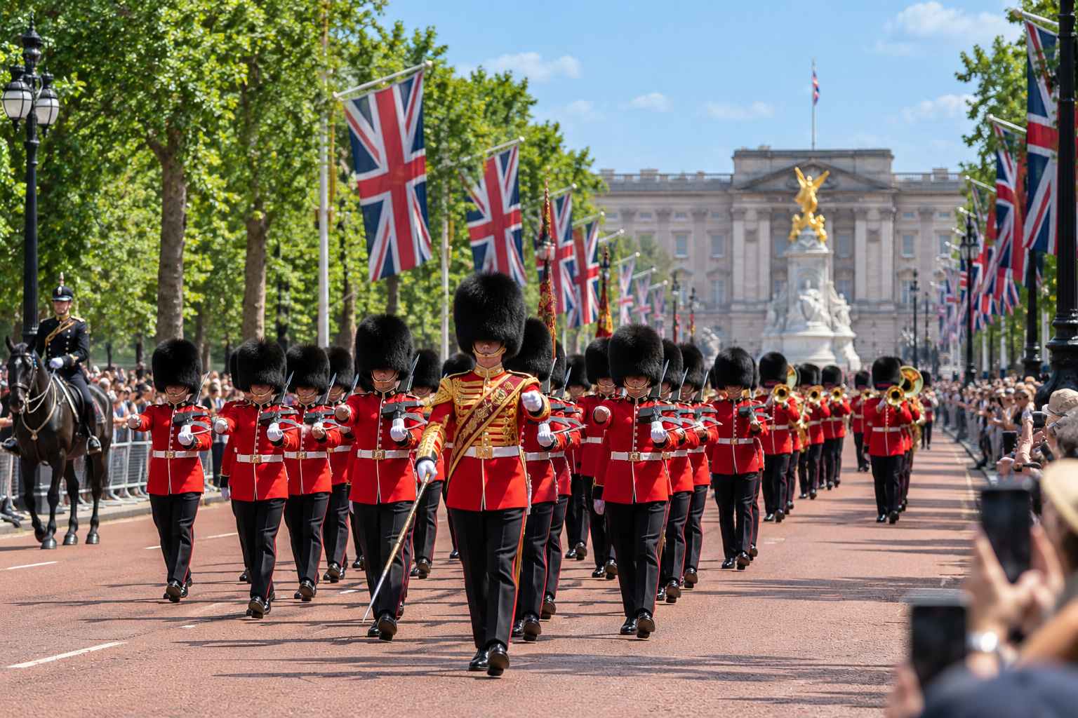 A parade with British soldiers in red uniforms and tall black hats marching down a street lined with British flags and onlookers.
