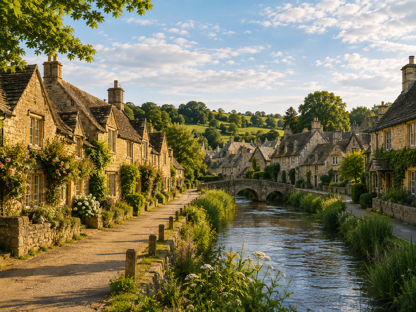A picturesque view of a river flowing through a small village with stone houses, a bridge, and lush green hills under a partly cloudy sky.