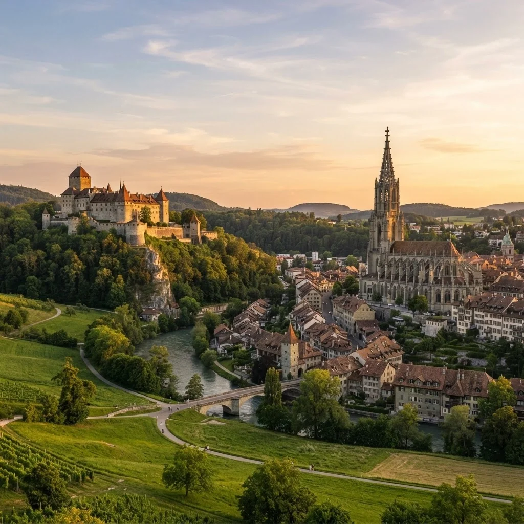 A scenic view of a historic European cityscape featuring a castle on a hill to the left and a Gothic-style church with a tall spire to the right, with a river, lush greenery, and buildings in the foreground during sunset.
