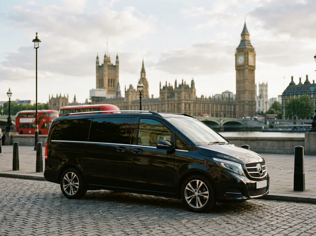 A black Mercedes-Benz van parked on a cobblestone street near the River Thames with the Houses of Parliament and Big Ben in the background in London.