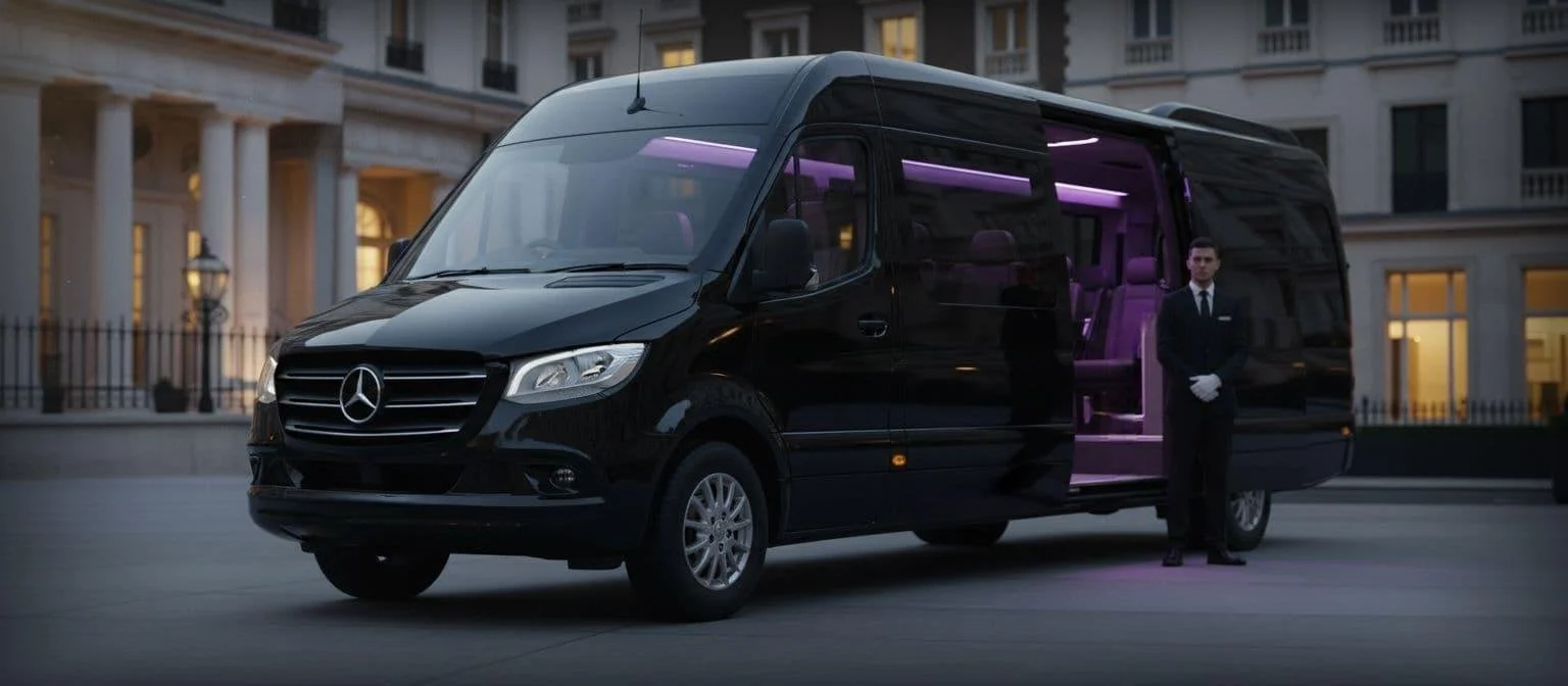 A black Mercedes-Benz van with purple interior lighting parked in front of a building with columns. A man in a black suit with white gloves stands beside the van.
