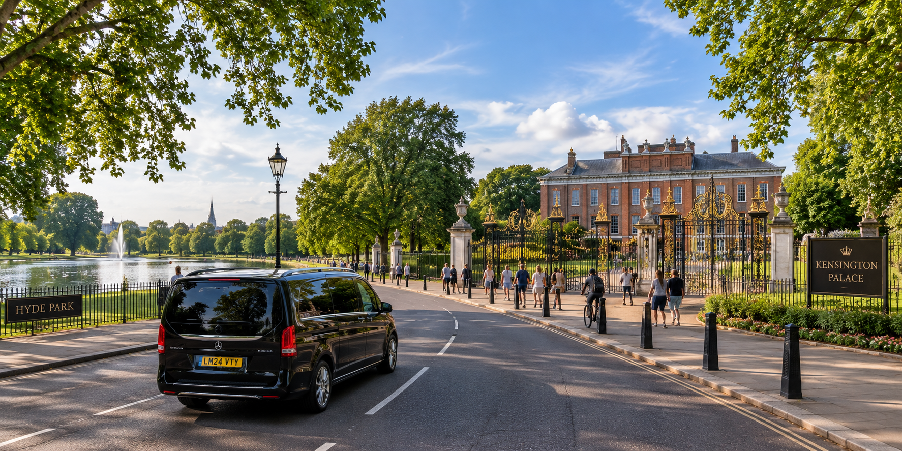 A street view of Kensington Palace in Hyde Park, London, with people walking and cycling past the black iron gate, a black Mercedes-Benz van parked near the curb, and a fountain in the lake to the left, under a partly cloudy sky.