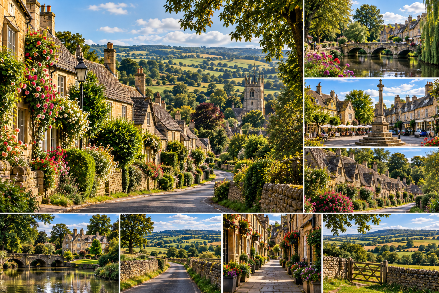 A collage of picturesque scenes from a rural village in England, featuring stone houses with flowers, a river with a stone bridge, a town square with a monument and outdoor cafes, winding roads through rolling green hills, and lush landscapes with trees and fields.